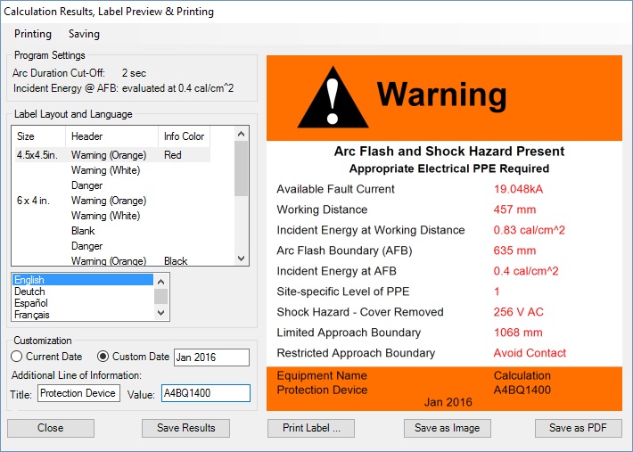 ac arc flash calculation results