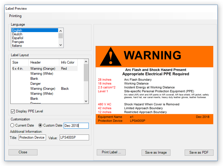 arc flash software label preview